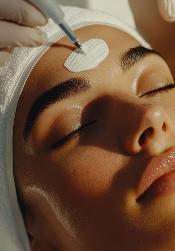 Woman receiving a facial mask treatment in a spa