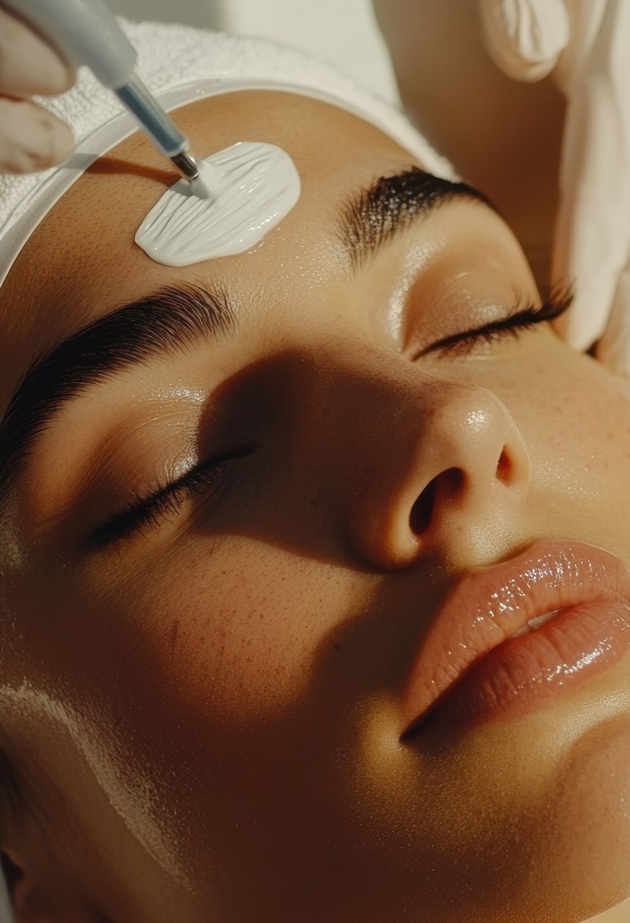 Woman receiving a facial mask treatment in a spa